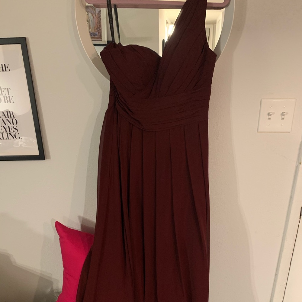 Bill Levkoff wine bridesmaid dress